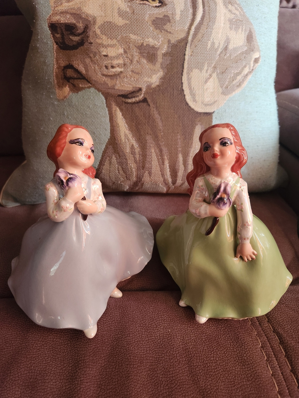 Porcelain Sitting Girl Figurines in Light Green and Pale Blue - Set of 2